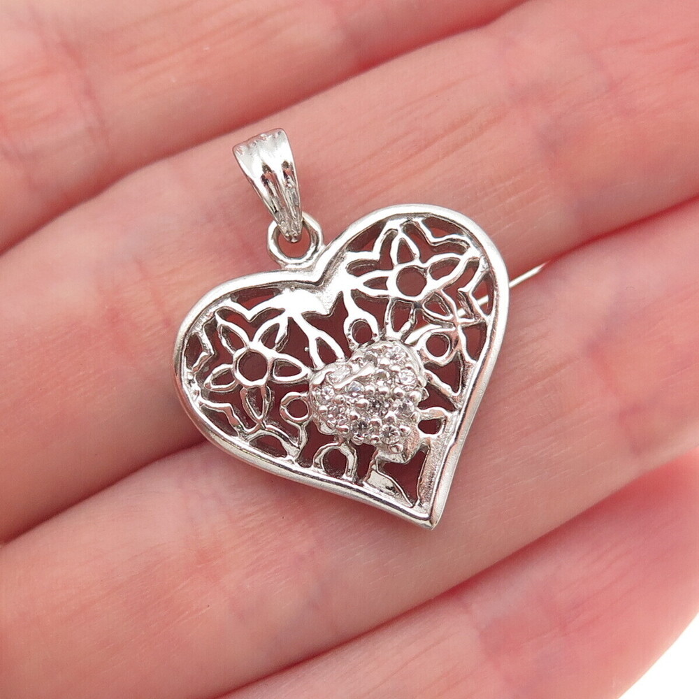 925 Sterling Silver Round-Cut C Z Floral Heart Charm Pendant